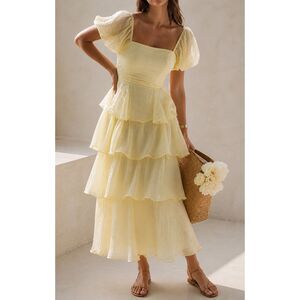 NWT “Here Comes the Sun” Butter Yellow Tiered Midi Dress Puff Sleeve Cottagecore